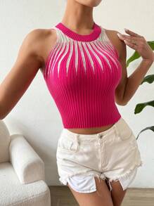 SHEIN VCAY Chaleco de punto de cuello redondo con bloques de color casual para mujer, para primavera y verano