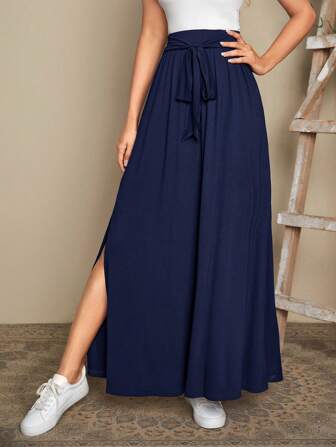 EMERY ROSE Saia Longa Feminina de Cintura Amarrada com Fenda Lateral em Cor Sólida para Férias