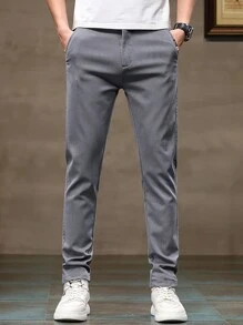 男士休閒純色修身冰絲褲，適合日常穿著 - 黑色 - 查看 3