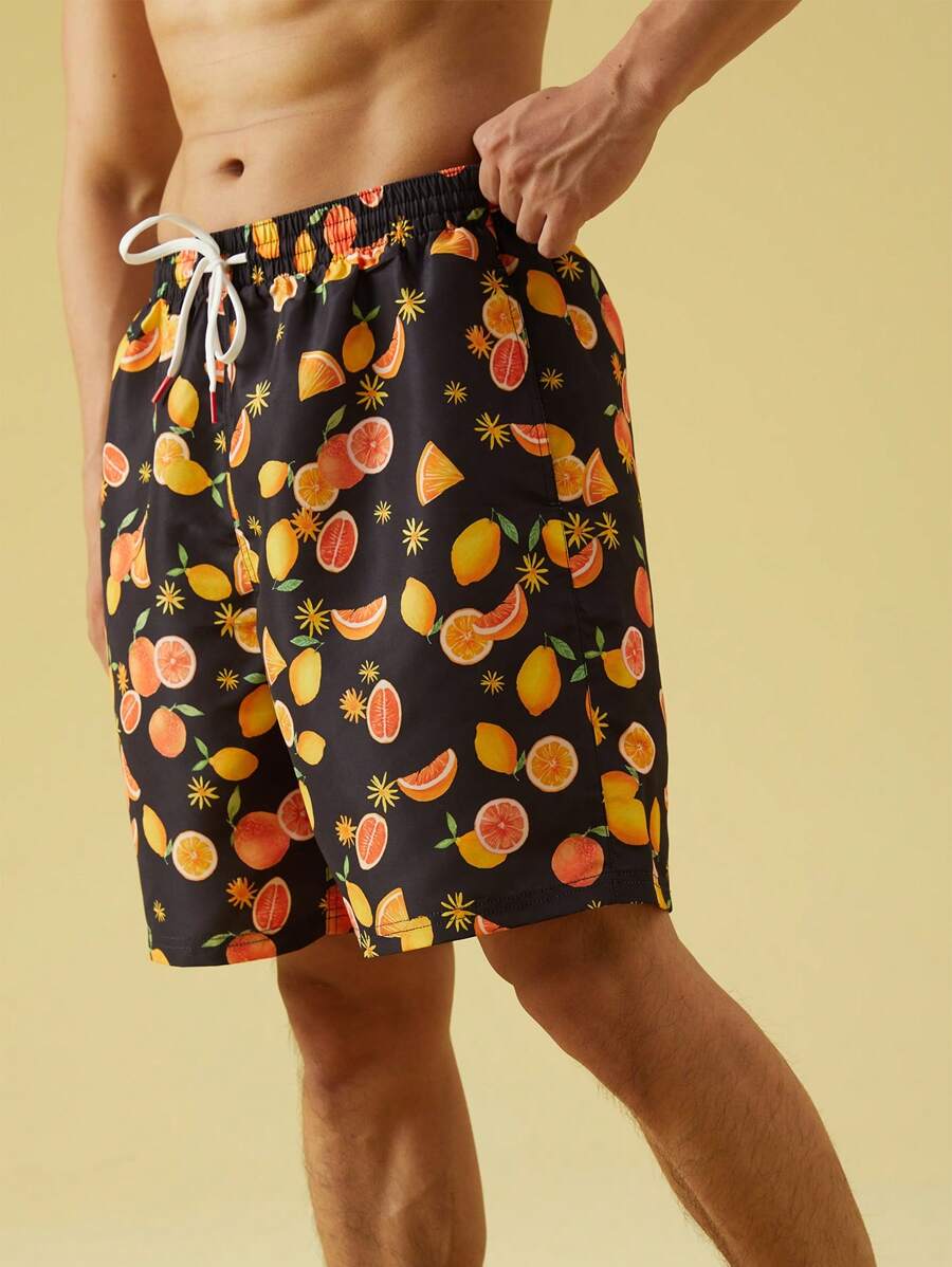 Surfspeed Men's Fruit Allover Print Swim Trunks With Drawstring Waist For Vacation And Leisure - Black - View 1