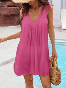 SHEIN Swim 女士實色肩帶無袖沙灘泳池遮陽外套連衣裙，度假風格 - 玫紅色 - 查看 3