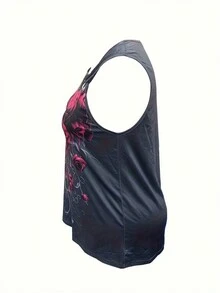 Plus Size Rose Printed Casual Tank Top - Black - View 3
