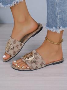 女士黑色扁平涼鞋，配圓扣，開放式腳趾，防滑拖鞋，適用於室內和室外 - 卡其色 - 查看 2