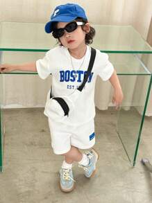 SHEIN Summer,Holiday,Traveler Young Boys' Street Style Cool Texture Fabric Tee Shorts Backpack 3pcs Set For Summer