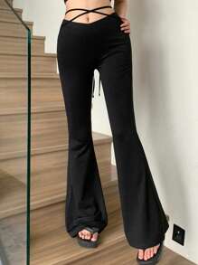 Dazy X KIMYOUJUNG 女士修身喇叭裤，系带设计，性感低腰长裤