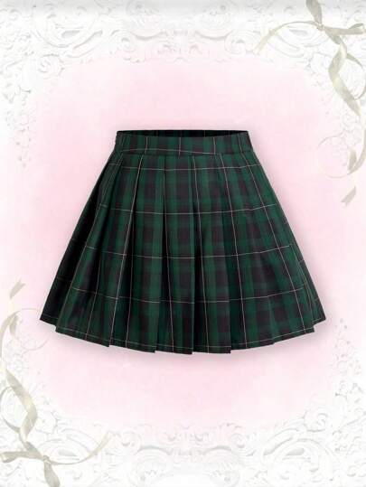 Sweetra Plus Size Plaid Printed Pleated Skirt