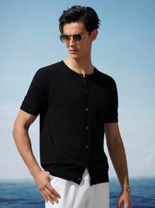 AKNOTIC Business Casual Suéter tipo cárdigan de manga corta para hombre de negocios - Negro - Ver 3