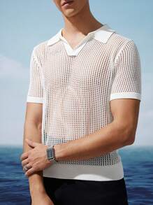 AKNOTIC Business Casual Men's Crochet Knit Summer V-Neck Polo Shirt In White