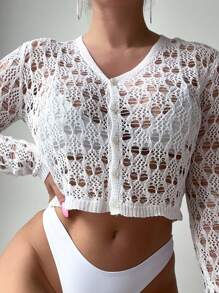 SHEIN Swim Women Solid Color Simple Hollow-Out Beach Cover-Up Summer - White - View 3