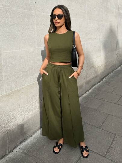 SHEIN LUNE Women Summer Tank Top & Wide Leg Pants Two Pieces Outfit,Casual
