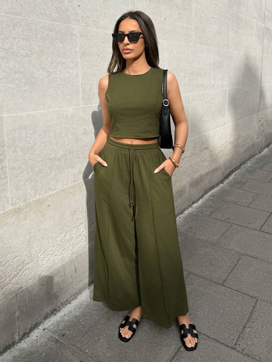 SHEIN LUNE Women Summer Tank Top & Wide Leg Pants Two-Piece Outfit