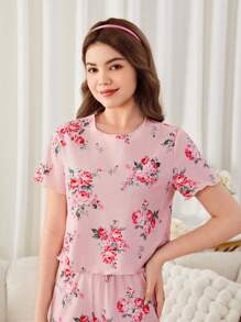 SHEIN Teen Girl Flower Patterned Short Sleeve Top And Long Pants Set, Casual And Comfortable Pyjamas, 2 Pieces - Pink - View 3