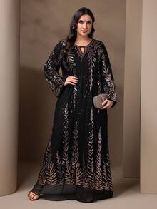 Plus Size Women Elegant Sparkly Arabic Style Long Dress Spring Vacation Black - Black - View 4