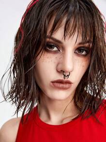 ROMWE Grunge Punk 1入組朋克復古鈎式公牛角鼻環 - 黑色 - 查看 2