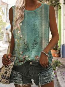 SHEIN LUNE Fashionable Printed Round Neck Sleeveless Women Tank Top - White - View 1