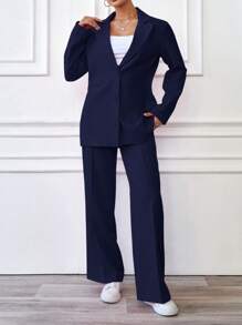 EURMUSE Ensemble de veste et pantalon ample décontracté de couleur unie - Bleu marine - Voir 5