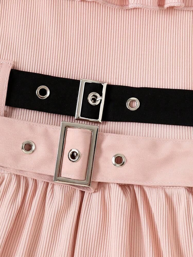 Girls' New Sweet Black & Pink Color Block Spaghetti Strap Off Shoulder Dress With Double Waist Belt