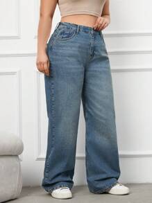 RueChic Jeans à jambes larges avec ceinture en coton 100% grande taille