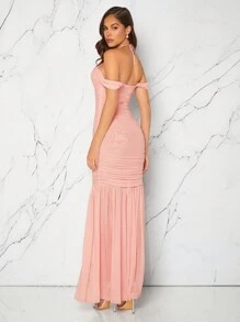 SHEIN Unity 女士优雅纯色分层荷叶边美人鱼连衣裙，带 3D 花朵装饰 - 粉色 - 查看 2