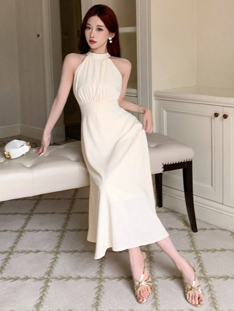 Women Solid Color A-Line Halter Dress, Birthday ,New Year Eve Summer Sundress Prom Dress Elegant Women Dresses