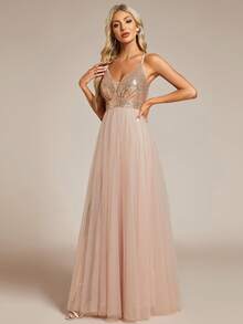 EVERPRETTY Cross Back Glitter Mesh Dress With Slit And Sequin Embellishment - Champagne - View 3