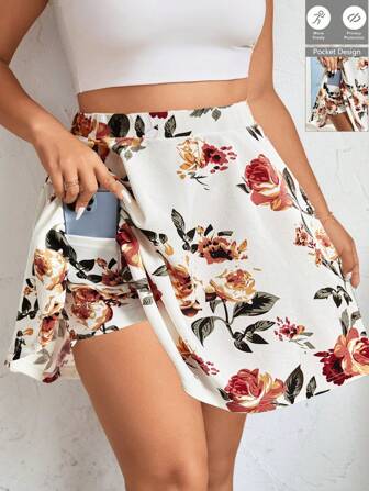 SHEIN Frenchy Plus Size Women Summer Boho Floral Printed Skort With Pockets For Vacation