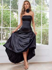 MUXXN Floral Embellished Strapless High-Low Party Dress - Black - View 6