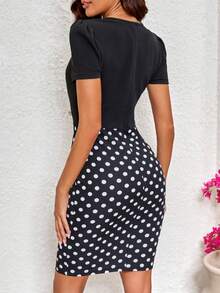 SHEIN Clasi Women Summer Slimming Polka Dot & Printed Splicing Office Wear Casual Two Pieces Dress