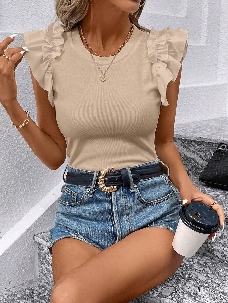 SHEIN Clasi 女士夏季實色修身圓領短袖T恤 - 杏色 - 查看 1