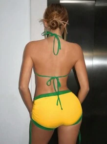 SHEIN ICON Y2k Summer Spring Outfits 2pcs Brazilian-Color Triangle Bikini Set, Featuring National Flag And Word Print, Ultra-Low Rise, Ruched Detail And Tied String Design - Yellow - View 2