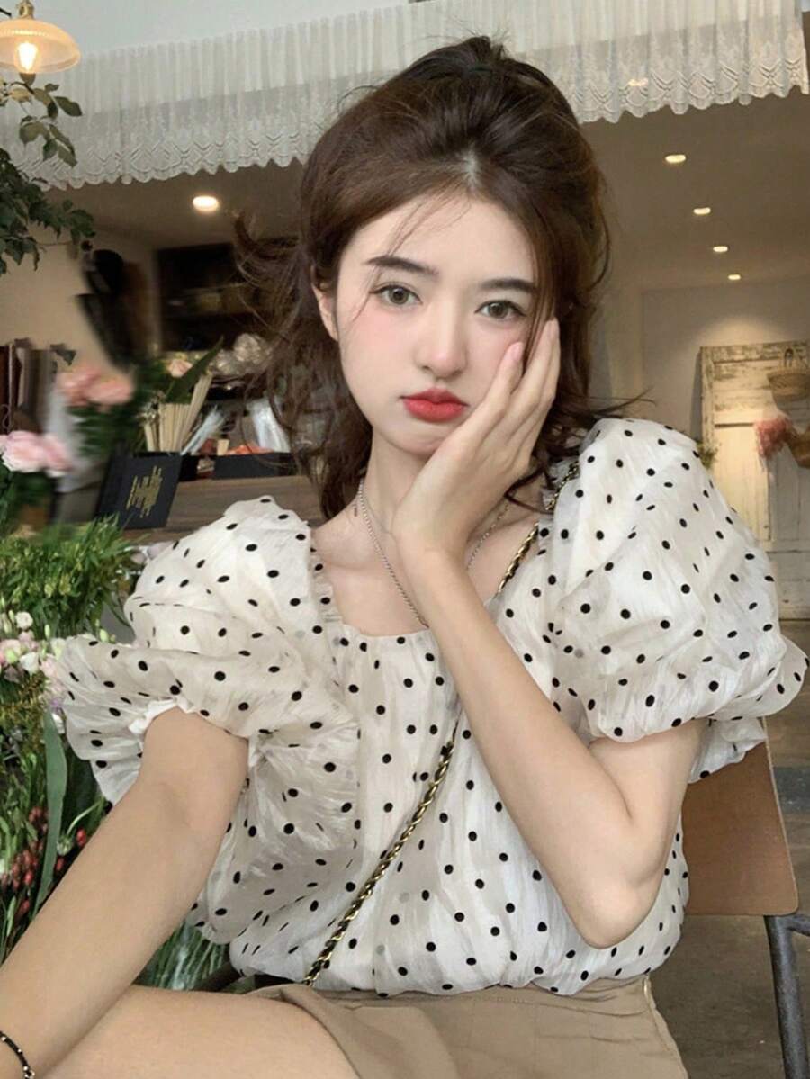 波点休闲度假女式衬衫 白色 夏季 - 白色 - 查看 1