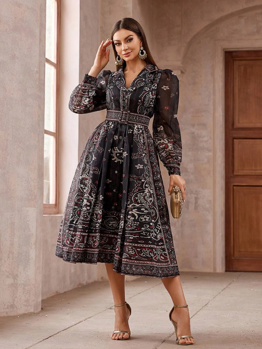 女式复古花卉印花荷叶边领口网眼灯笼袖连衣裙