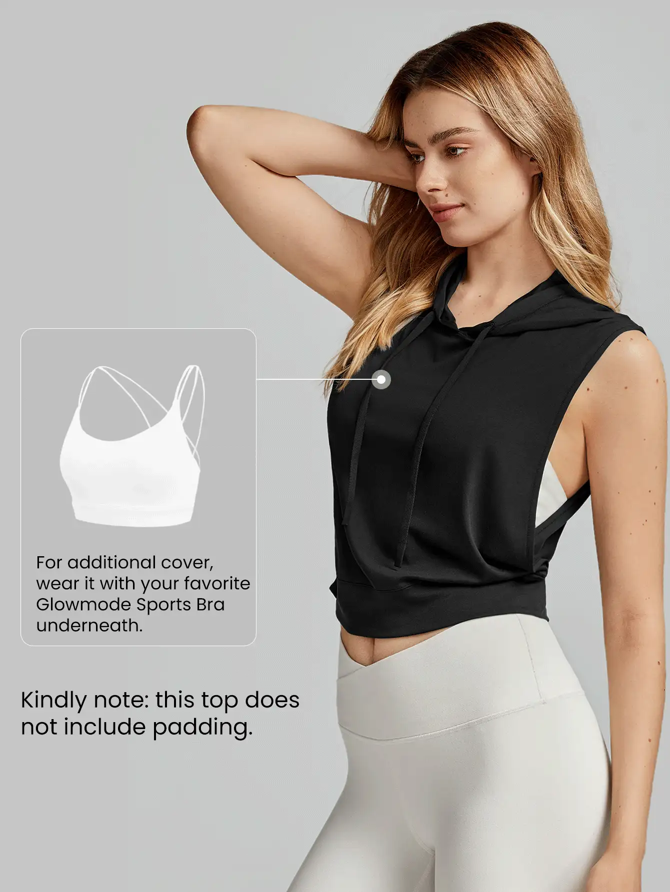 GLOWMODE 深袖學院風抽繩連帽衫，夏季日常房間穿着 - 黑色 - 查看 5