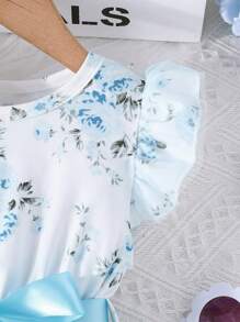 SHEIN 女小童印花荷葉邊網紗邊連衣裙 - 藍色 - 查看 3