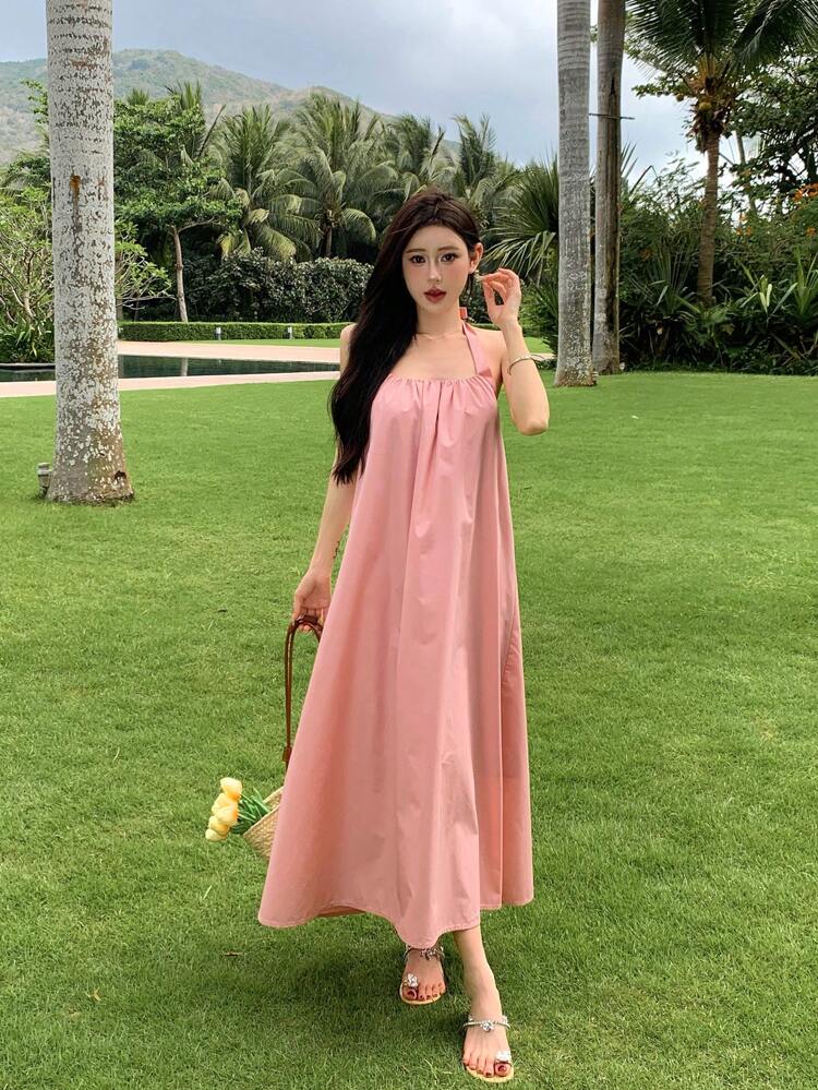 Women Fashion Solid Color Halter Backless Dress Sundress,Casual Women Dresses Cruise Outfit For Women