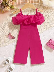 SHEIN Baby Girl Mesh Ruffle Trim Cold Shoulder Jumpsuit , Suitable For Summer Vacation