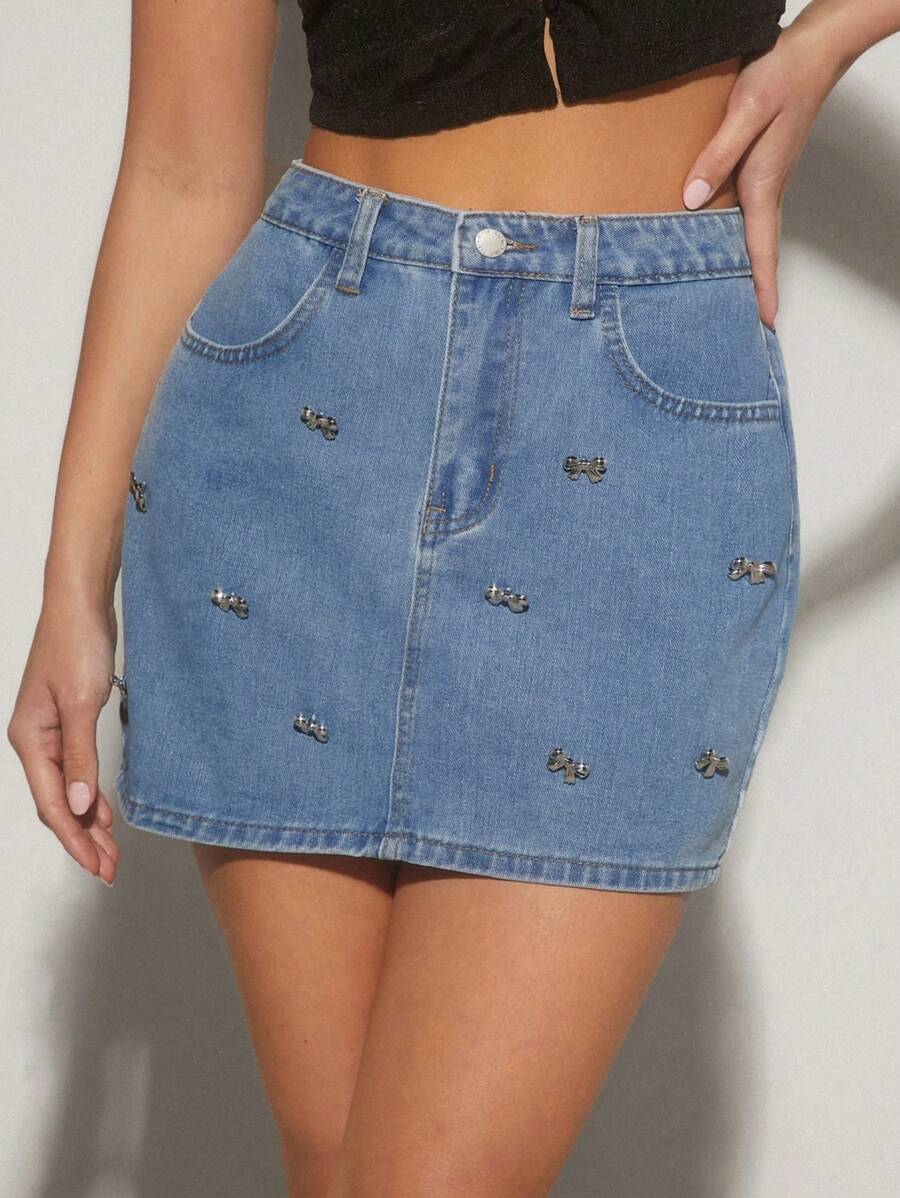 Forever 21 Bowknot Patch Design Patchwork Straight Denim Skirt With ...