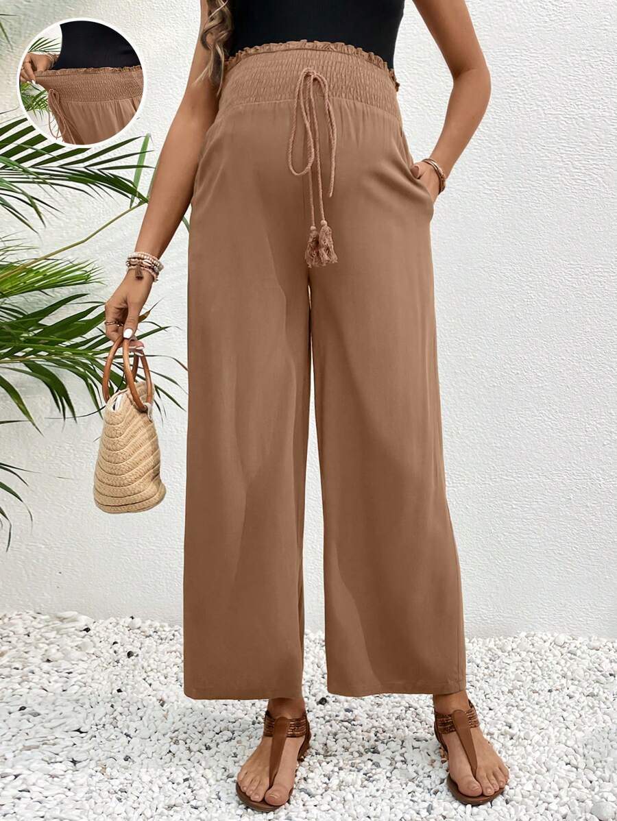 SHEIN Quần màu trơn dành cho bà bầu và thiết kế nút thắt Quần âu có túi - màu nâu - Xem 1