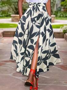 Women Belted Slit Hem A-Line Skirt, Resort Wear