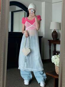 DAZY Váy lưới xuyên thấu hai lớp mùa hè dành cho nữ có dây đeo spaghetti - trắng - Xem 7