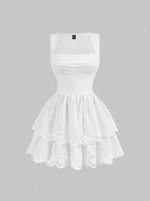 SHEIN MOD White Tiered Cake Lace Summer Cute Countryside Romantic Girls Dress - White - View 1