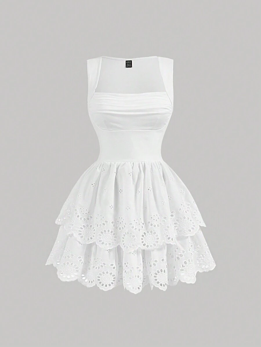 SHEIN MOD White Tiered Cake Lace Summer Cute Countryside Romantic Girls Dress - White - View 1