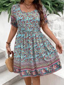 SHEIN LUNE Plus Size Nữ sành điệu Váy chữ A in hình kỳ nghỉ hè - Nhiều màu - Xem 3