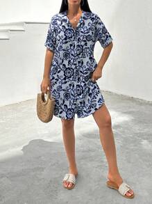 RueChic Blue Printed Shirt  Dress - Blue and White - View 5