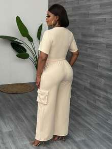 Slaydiva Ensemble de haut à manches courtes de couleur abricot et de pantalon long décontracté et élégant pour femmes de grande taille avec poche, pour une tenue décontractée au printemps et en été - Nude - Voir 5