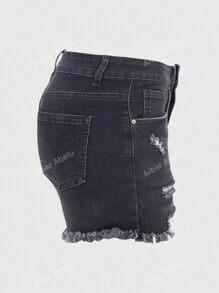 Shorts vaqueros de mujer a media cintura, con efecto rasgado, elásticos, con dobladillo deshilachado y casual