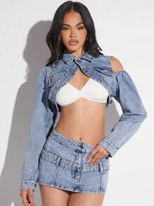 SHEIN Unity Denim Crop Jacket & Mini Skirt Two Pieces Set - Light Wash - View 1