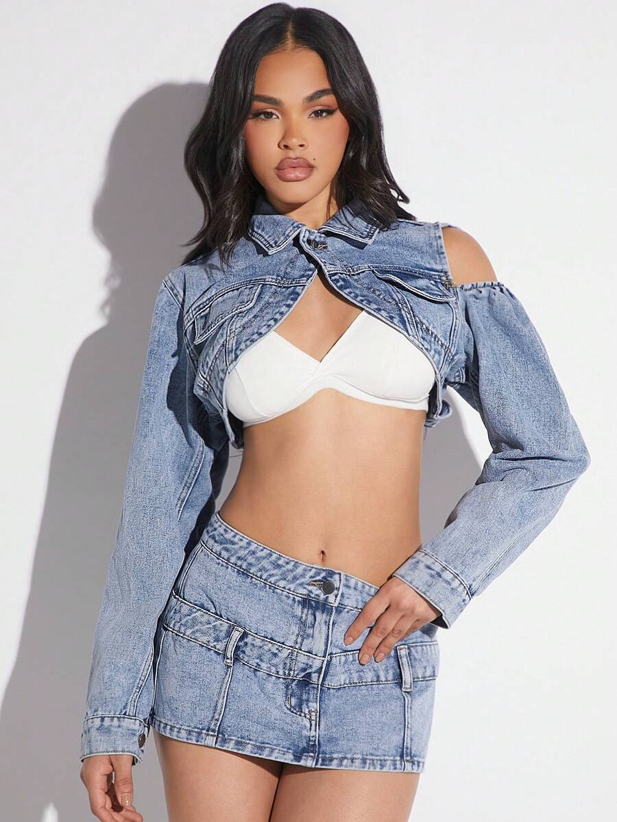 SHEIN Unity Denim Crop Jacket & Mini Skirt Two Pieces Set - Light Wash - View 1