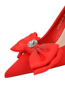 18249-AH33 Korean Style Party High Heels, Pointed Toe Stilettos With Bow Knot, Low Vamp Silk Shoes For Wedding - Red - View 5