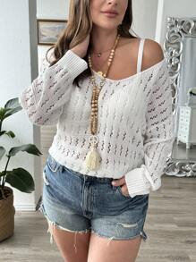 Calvaya Plus Size Solid Color Hollow Knitted Long Sleeve Sweater For Holiday And Leisure, Fall Winter - White - View 5
